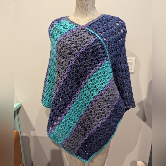 Peacock Artisan Knit Hand Poncho Sweater, Blue, Purple, Teal One Size Acrylic - Picture 11 of 13
